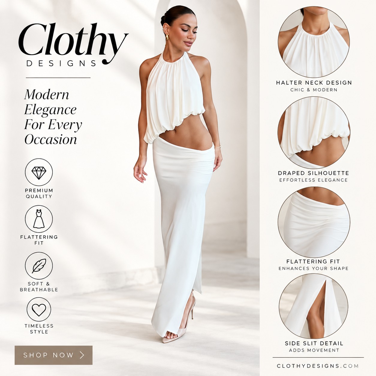 Women's White Halter Ruched Top & Maxi Skirt Set – Backless Sleeveless Elegant Party Outfit